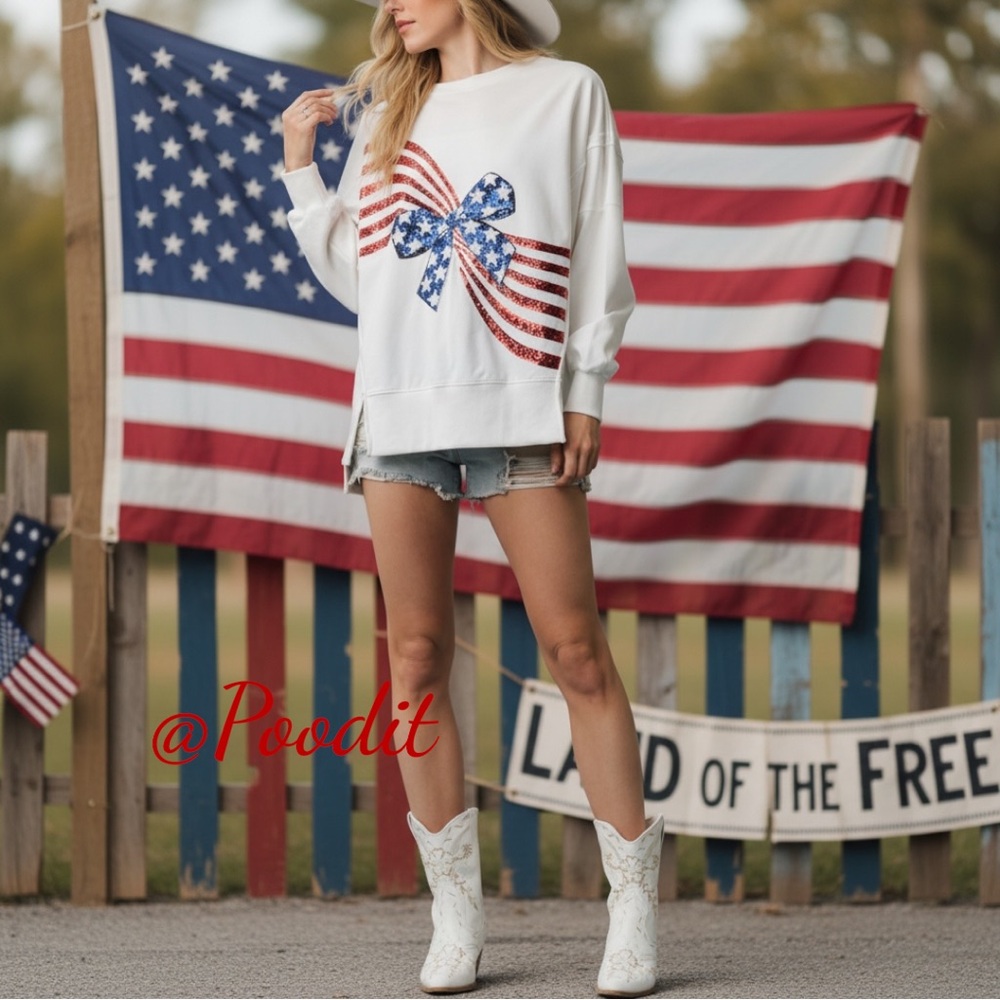 PEACH LOVE CALIFORNIA patriotic sequin front white French Terry pullover S M L - Picture 4 of 6